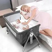 3 in 1 Baby Bassinet, Bedside Sleeper for Baby, Bedside Crib with Wheels & Storage Basket & Mosquito Net, Height Adjustable Baby Bed, Portable Bassinet for Newborn/Infant（Grey）