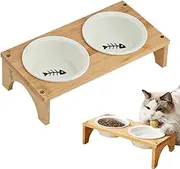 Raised Cat Bowl, Tilted Ceramic Dog Water Dish, 12.6x6.3x3.5in Wooden Base Feeder, Non-Slip Whisker-Friendly Station for Small, Medium, Large Puppies, Kittens, Indoor Use
