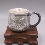 Pure S999 Fine Silver Drinking Cup With Handle Lotus Fish Health Water Cup 3.3in