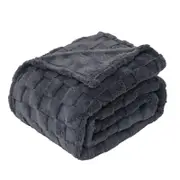 LINENOVA Soft Coral Fleece Checked Blanket Twin Size - Charcoal