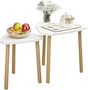 Luxsuite Nesting Coffee Table Set of 2 Triangle End Table Wooden Minimalist Sofa Side Table for Living Room White & Oak