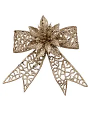 Champagne Mesh Look Ribbon Bow & Poinsettia Christmas Decoration - 15cm