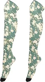 [FRODOTGV] White Jasmine Green Thigh High Socks for Tall Women Soft Extra Long Knee Boot Stockings for Ladies High Thigh Socks, White Jasmine Green