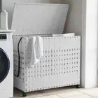Laundry Basket with Wheels White Rattan Washing Clothes Hamper Storage Organiser