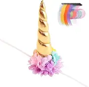 Nishine 8"x5" Long Floral Unicorn Horn Headband + 18 PCS Pony Mane Hair Tinsel for Making Your Horse a Unicorn Holloween Wedding Party Decor (Gold&Yellow)
