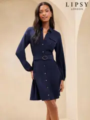 Lipsy Navy Blue Long Sleeve Button Through Mini Shirt Dress (AY4729) | $106