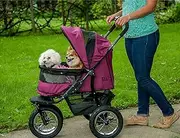 NO-Zip Double Pet Stroller, Zipperless Entry, for Single or Multiple Dogs/Cats, Plush Pad + Weather Cover Included, Large Gel-Filled Tires, Red Plum