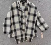 AQUA Scarf Collar Coat Women's L Black/White Check Wool Blend Patch Pocket L/S
