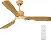 Krear Ceiling Fan with Lights, 52" Indoor Outdoor Ceiling Fans, 3 Wooden Blades, Remote Control with Light, Noiseless Reversible DC Motor, Suitable for Terrace/Living Room/Bedroom/Study, Wood Color