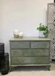 Handmade and Hand-painted Green Cabinet with Gold Metal Handles