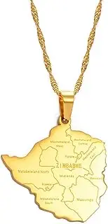 [Hafrita] Map Of Zimbabwe With City Pendant Necklace Stainless Steel Zimbabwean Map Necklace