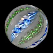 JEREMY DRISKELL GLASS MARBLE/2.743"-TURQUOISE BLACKLIGHT 6 CANE ORB-BLUE,AMBER +