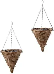 2PCS Rattan Hanging Planter Baskets, Cone Shaped Plant Flower Pot,Farmhouse Wall Flower Basket Wicker Ceiling Plant Pot for Garden Balcony Indoor Outdoor Decor