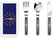 Indiana State Flag 3 Piece Set For Camping Stainless Steel Flatware, Spoon, Fork, Knife, Ideal For Outdoor