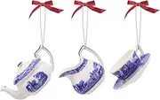 [Portmeirion] Spode Blue Italian Tea Set Ornaments, Mini Teapot, Creamer, Cup with Saucer, Multi-Purpose Use as Napkin Ring, Hanging Ornament - 3 Piece
