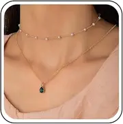 [Andelaisi] Boho Layered Emerald Choker Necklace Gold Pearl Necklace Choker Vintage Station Pearl Necklace Teardrop Emerald Crystal Necklace Chain Jewelry for Women and Girls
