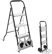 Folding Ladder 2 Step/3 Step Ladder Step Stool, 2 in 1 Aluminum Hand Truck & Ladder for Adults with Wide Anti-Slip Pedal and Wheels, Rolling Utility Cart,Trolley and Moving Dolly, Sturdy Ladder Porta