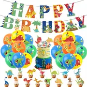Cartoon Dinosaur Party Decorating Set Birthday Banner Cake Cupcake Toppers Balloons Swirls