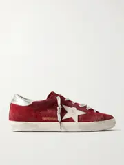 [Golden Goose] Golden Goose - Super-star Distressed Metallic Leather-trimmed Suede Sneakers - Red - IT40 IT 40 Red