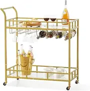 VEVOR Bar Cart Gold, 2 Tiers Home Bar Serving Cart on Lockable Wheels, Rolling Alcohol Cart with Tempered Glass Shelves Guardrail Wine Rack, Modern Wine Cart for Home Kitchen Dining and Living Room