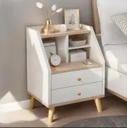 2x Bedside Table Bedroom Nordic Warm White Natural Wood Grain 2 Drawers Curved Sides White