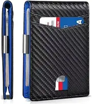 [CPDES] Slim Wallets for Men,Credit Card Holder with RFID Blocking for,Carbon Fiber Leather Money Clip with 12 Credit Card Holders,ID Window,Minimalist Bi-Fold,Gift Box (Carbon Black and Blue)