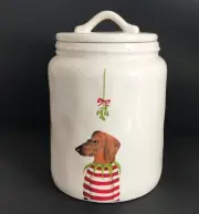RAE DUNN Canister MISTLETOE Dog Bow Striped Sweater Jar Airtight Lid 8" NEW