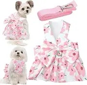 Dog Dress Bowknot Harness Set for Small Girl Dogs Floral Dog Cat Clothes Cute Puppy Outfits Pet Clothes Spring Summer Breathable Dresses (Pink Print, S)