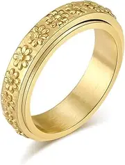 [IFUAQZ] Women's Anxiety Ring 6MM Stainless Steel Spinner Ring Daisy Sunflower Pattern Wedding Band Fidget Tool