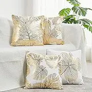 Pack of 4 Decorative Throw Pillow Case Cushion Cover Gold Stamping Leaves 18 x 18 inches 45 x 45 cm for Couch Bedroom Car