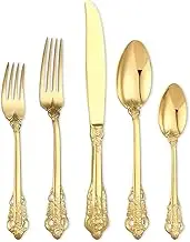 ZCF 5-Piece Gold Flatware Silverware Cutlery Set,18/10 Heavy Duty Stainless Steel Utensils,Service for 1,Include Knife/Fork/Spoon,Mirror Polished, Dishwasher Safety