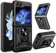 Yutwo Mobile Phone Case for Samsung Z Flip 5, Samsung Galaxy Z Flip 5 Case Camera Protection Protective Case 360 Metal Ring Holder Military Shockproof Mobile Phone Case Samsung Galaxy Z Flip 5 - Black