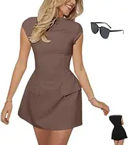 [QQLADY] Odd Formal Elegant Round Neck with Pocket Dress,Solid Fit a Line Formal Elegant Round Neck with Pocket,Cap Sleeve Mini Dress Cap Sleeve Mini Dress Elegant A Line Ultimate. (1pcs-C,XL)