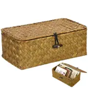 Storage Crate Basket with Lid Small Woven Baskets Rectangular Seaweed