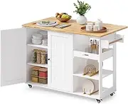 Gizoon 60.6" Mobile Kitchen Island Cart with Drop Leaf, Breakfast Bar Dining Table, Wood Kitchen Island with Storage, Large Kitchen Cart on 5 Wheels, Adjustable Shelf, Spice Rack, Tray, White