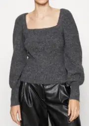 $198 NWT REBECCA MINKOFF SzM PIXI RIBBED SQUARE NECK BALLON SLEEVES SWEATER GREY
