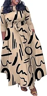 [Xuideoy] Casual Plus Size Maxi Dress for Women African Print Long Dress 3/4 Sleeve Flowy Ruffle Dress with Belt 2024 Summer, Letter, 3X-Large
