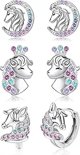 [Kakonia] 3 Pairs 925 Sterling Silver Girls Earrings for Women Kids Hypoallergenic Silver Hoop Earrings and Stud Earrings Set Small Cartilage Multicolored Cubic Zirconia Hoops Earrings