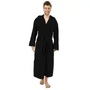 Black Cotton Hooded Robe for Men. Adult XL, Full Length, Long Sleeves.