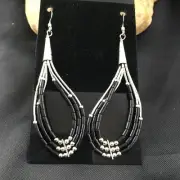 Black Onyx 3 Strands Heishi Liquid Sterling Silver Dangle Earrings 2017