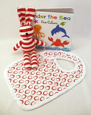 Baby Bundle Red Gift (SOFT TOY Bunny + BIB Circle Red + BOOK Under The Sea)