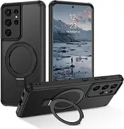 DUEDUE for Samsung Galaxy S21 Ultra 6.8" Magnetic Case with Kickstand [Compatible with MagSafe], Ring Holder Stand Military Grade Protective Slim Translucent Shockproof Samsung S21 Ultra Cover, Black