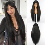 Long Straight Black Wigs With Curtain Bangs Black Wigs For Women Synthetic He...