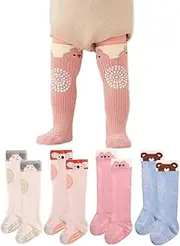 [Woeoe] 3 Pairs Long Infant Socks Cute Cartoon Baby Girl Socks 1-3 Year Baby Sock for Birthday Party Everyday Use, Orange, Pink, Blue,beige