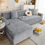 Aedlcal Chenille Sofa Cover, 2pcs Sectional Couch Covers L Shaped Sofa Cover Chaise Couch Slipcover Thick Chenille Fabric Furniture Protector Cover for Pets Kids (Chenille-Light Grey, 2+3 Seater)