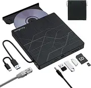 Super External CD DVD Drive, USB 3.0 DVD Burner with Ethernet Adapter, 3 USB and 2 TF/SD Card Ports, CD DVD Player Reader Writer Optical Disk Drive for Laptop MacBook PC Windows 11/10/8/7 Linux Mac OS