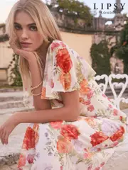 Lipsy White Floral Printed Chiffon Flutter Sleeve Woven Midi Dress (AW7754) | $120