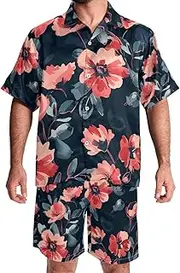 [KQNZT] Hawaiian Shirt for Men, Mens 2 Piece Outfits, Mens Vacation Outfits, Vintage Flower Brown Floral Corn Poppy, Mens Matching Shirt and Shorts Set