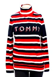 Tommy Hilfiger Red White Blue Stripe Turtleneck Sweater Women's M NWT