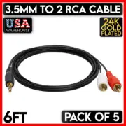 3.5mm Plug to 2 RCA Plug Cable 6FT Stereo Dual RCA AUX Speaker Cord Male 5 PCS
